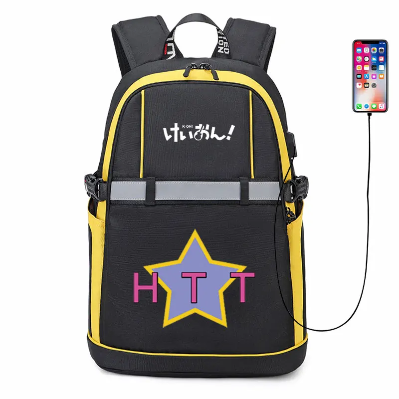 

K-ON! Backpack Hirasawa Yui Akiyama Mio Anime USB Bags Oxford Reflective Stripe Schoolbag Travel Bags