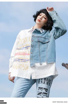 

Jean Patchwork Shirts Fashion European Ladies Punk Tops And Blouses Womens Oversized Shirts Casual Printed Clothes LT514S30