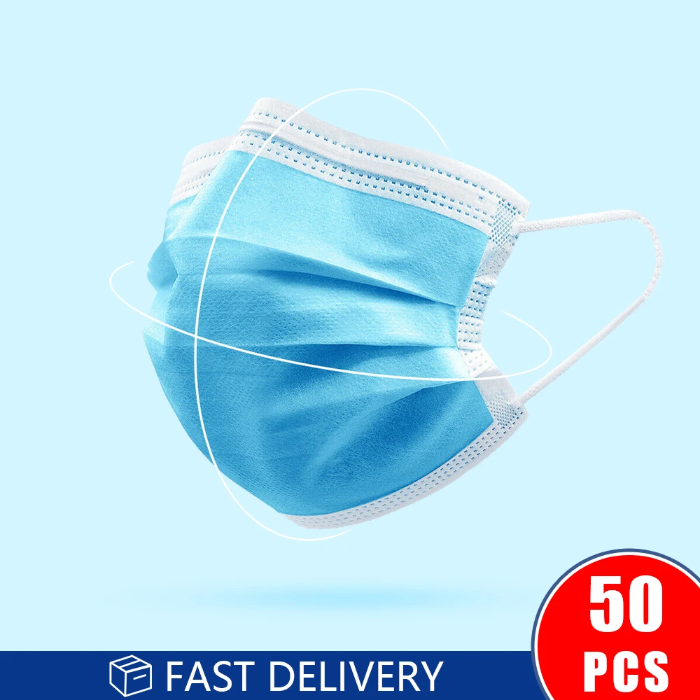 

50 pcs 3 Layer Disposable Protective Face Mask, Ear Hanging Anti-dust Mouth Mask, Non-woven Layer Filter Antibacterial Face Mask