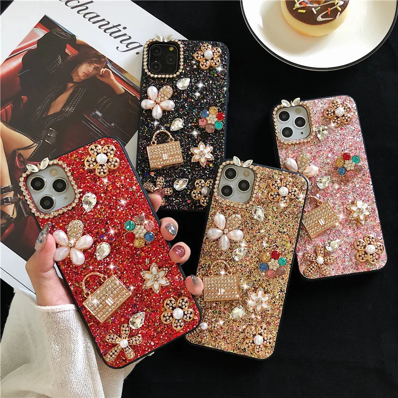 

Fashion DIY Diamond Pearl Flower Handbag Bling Glitter Back Case Cover For Iphone 12 Mini 11 Pro XS Max XR X 8 7 6 6S Plus SE