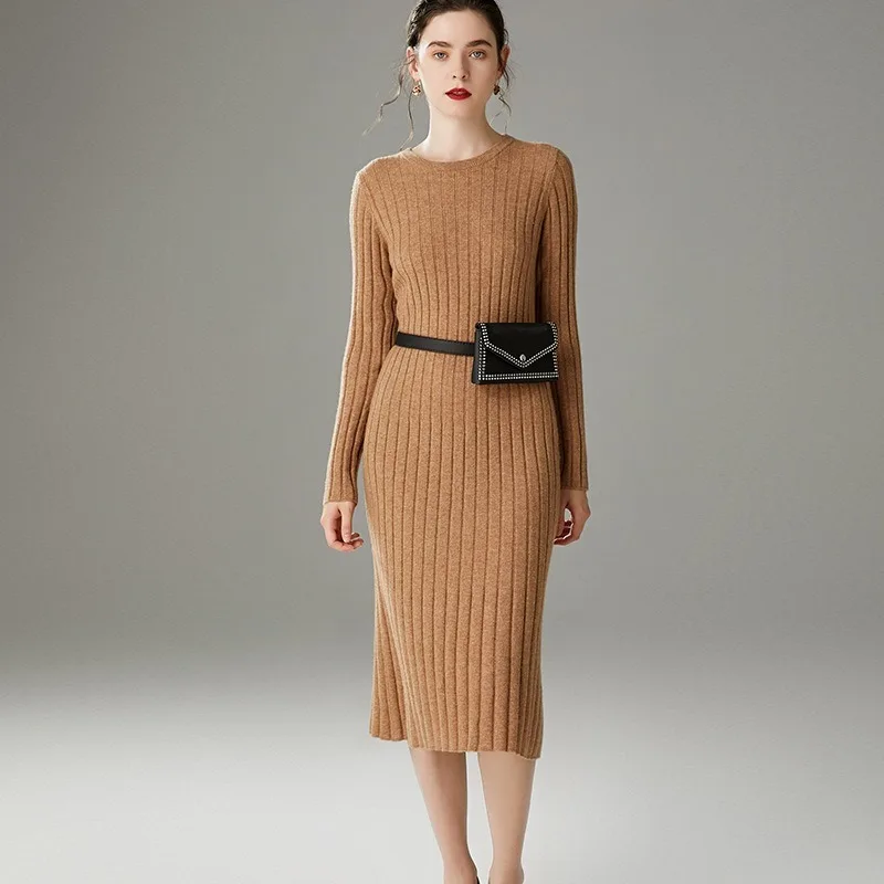 

Sparsil Women Winter O-Neck 100%Wool Knitted Dress A-Line Woolen Casual Solid Soft Warm Knitwear Mid-Calf Sweater Dress Female
