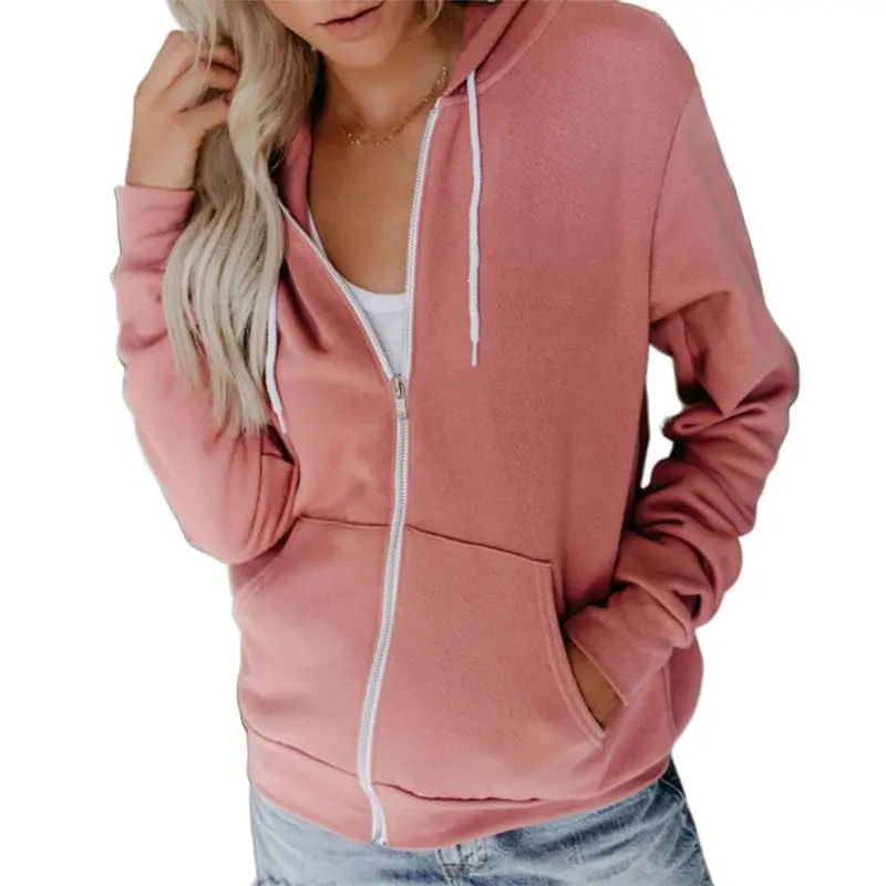  Womens Autumn Long Sleeve Full Zip Hoodie Jacket Solid Color Basic Sweatshirt