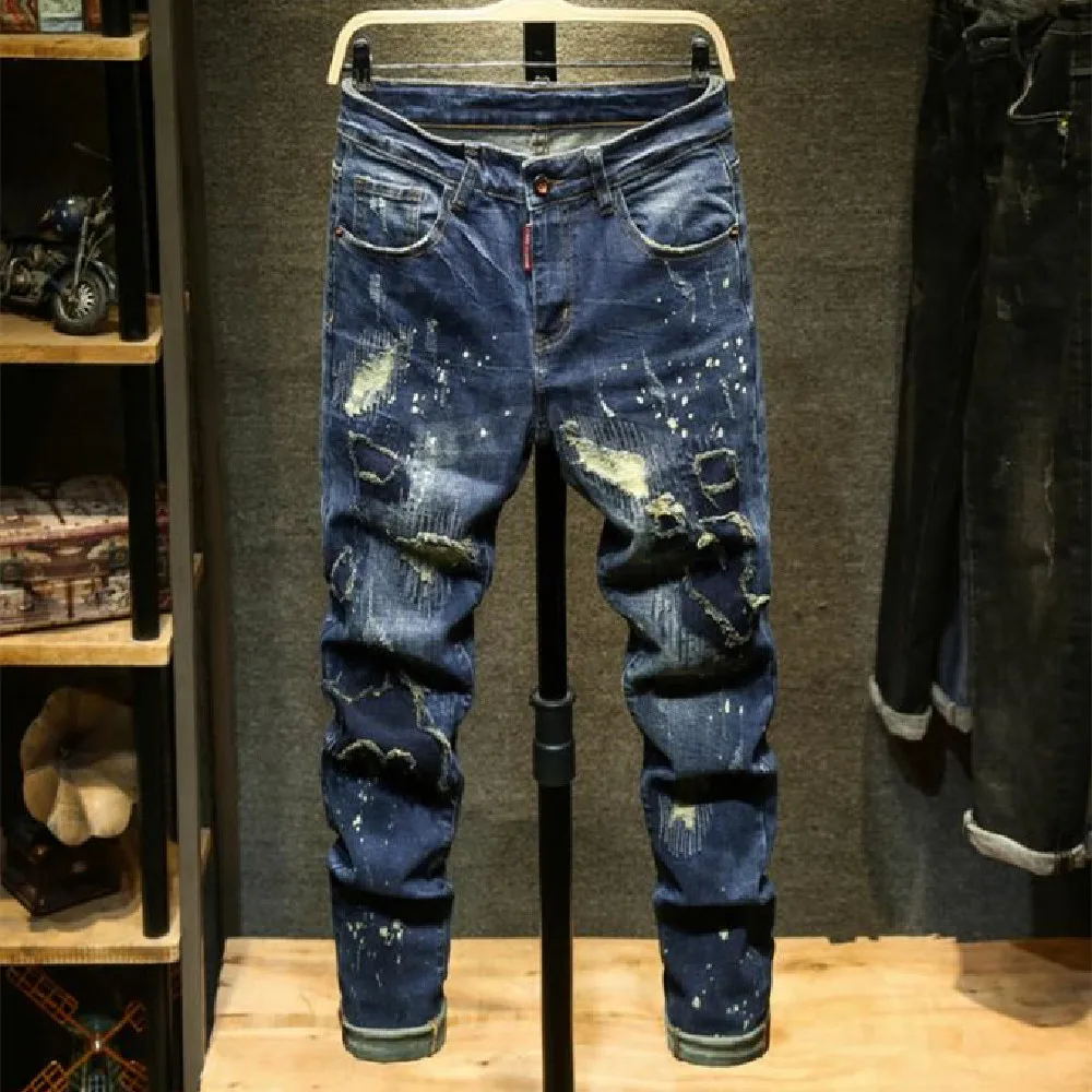 

Men's Jeans New Han Edition Trend Men's Blue Holes Stick Fabric Stretch Small Straight Jeans Simple Personality Casual Pants