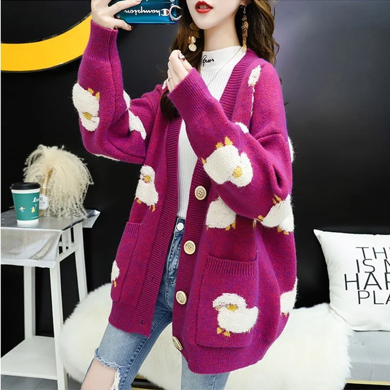 Oversized Women Cardigan Loose Sweaters Knit Sweater Coat Cute Cartoon Print V Neck Knitted Coats |
