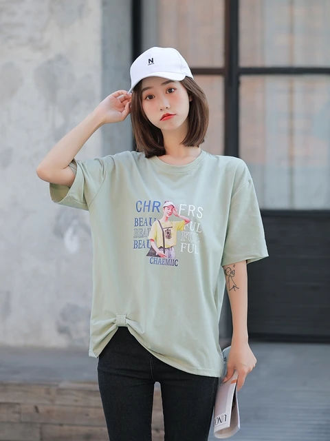 Electrificeren hoofdkussen veeg Harajuku Thin Cotton Bow T Shirt Korean Letter Sweet Cute Young Girls T- shirts Casual Tops O-neck Loose Summer New Women T-shirt - T-shirts -  AliExpress