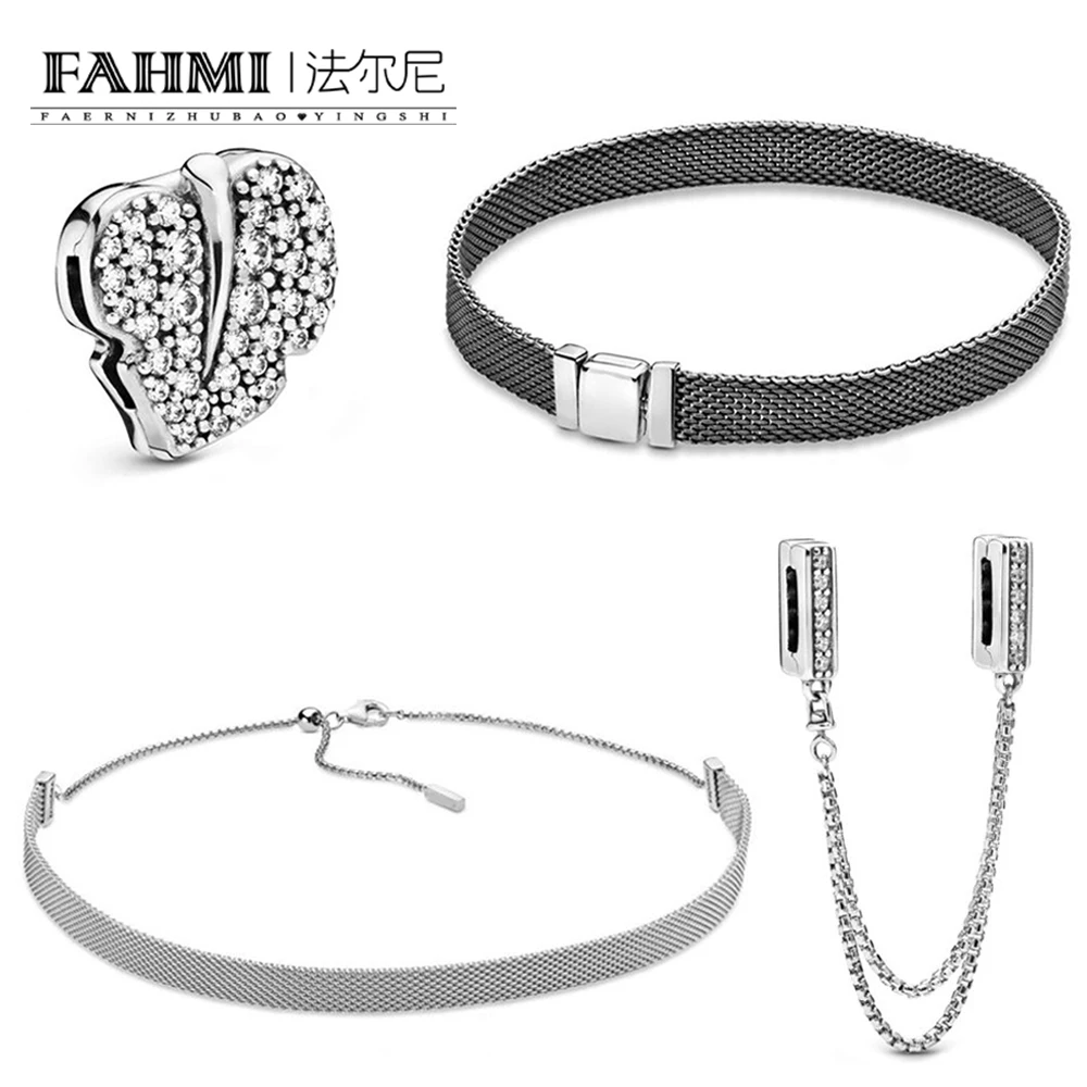 

FAHMI 100% 925 Sterling Silver 2019 Autumn New Notice Reflexions Necklace Mesh Chain Sparkling Leaf DIY Bracelet Clip