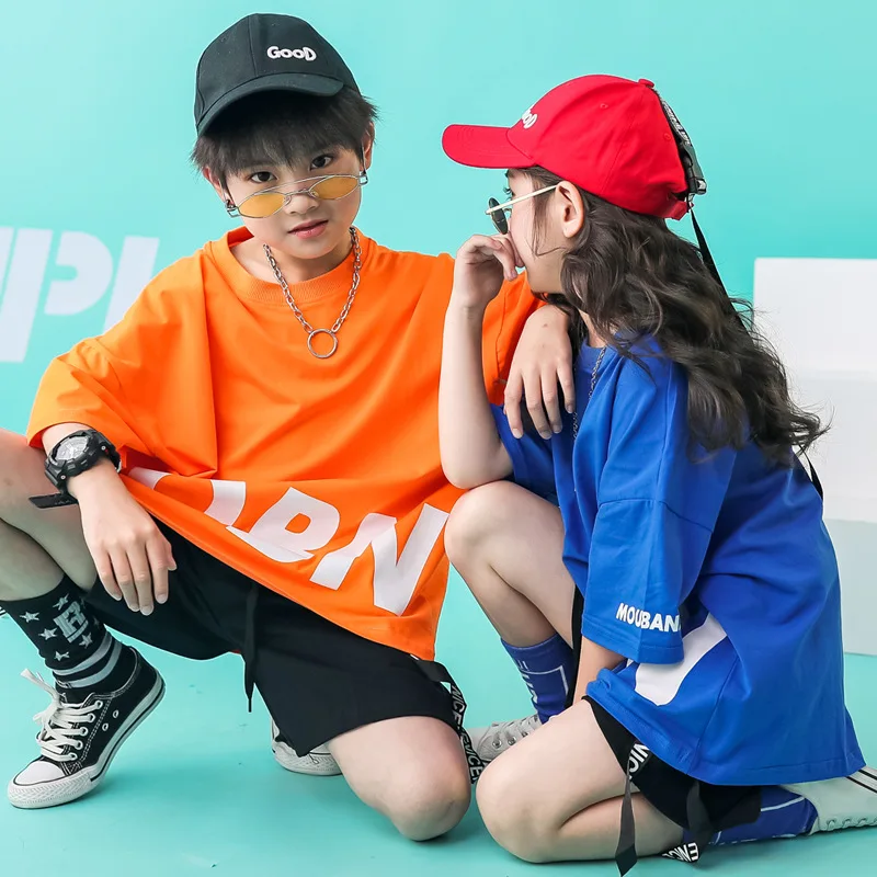 

Fashion Hip Hop Kids Jazz Dance Costumes for Girls Boys Ballroom Dancing Costumes Show Clothes T Shirt Ribbon Pant Dancewear