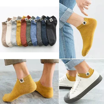 

Socks Men 5Pairs Short Cotton Asakuchi Breathable Ankle Socks Calcetines Hombre Vestir Cartoon Cloth Label Designer Socks Mens