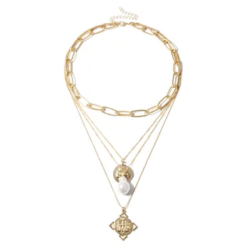 

New arrival cross-border jewelry personality geometric exaggeration chain multi-layer embossed portrait pearl necklace