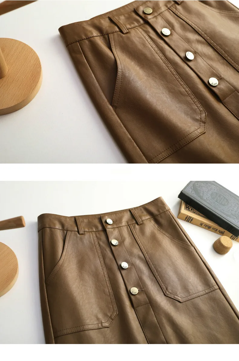 Autumn Woman PU Leather Skirt New Solid High Waist Button Front Split Slim Fit Bodycon Midi Skirt Elegant OL Skirt Saia
