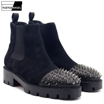 

Runway Thick Platform Rivet Genuine Leather Boots Men High Quality Winter Slip On Chelseas Boots Dress Wedding Botas Plus Size