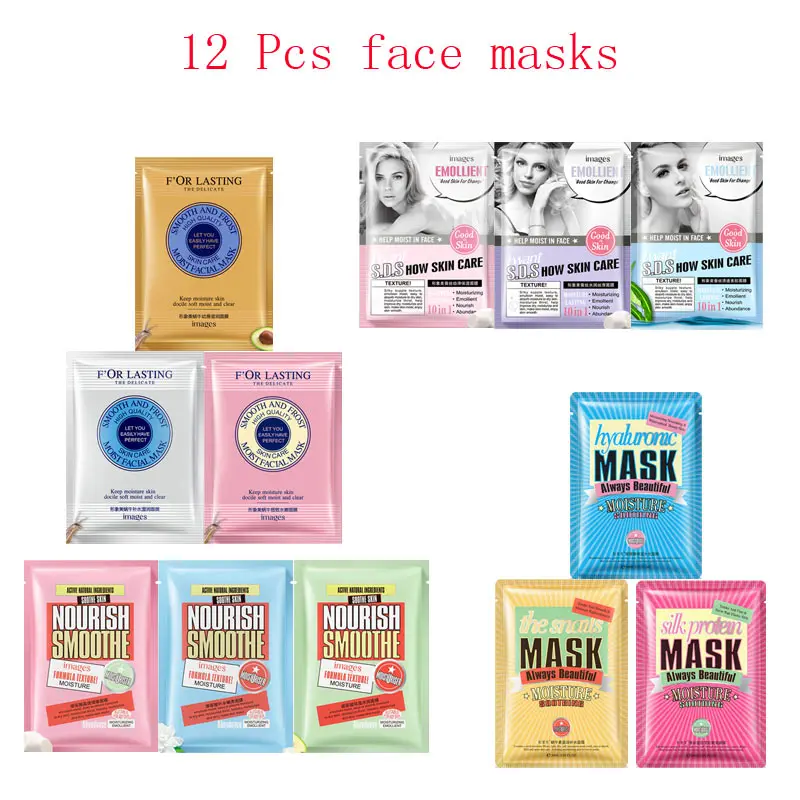 

12Pcs mixed Face Mask Plant snai hyaluronic acidl extraction Moisturizing Whitening Anti-Aging Facial Masks korean makeup
