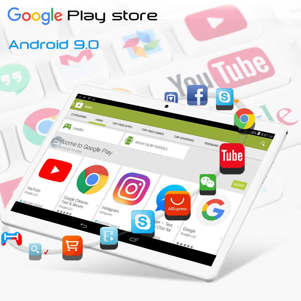Планшетный ПК с Wi Fi 10 дюймовый 32 Гб ПЗУ стеклянный экран 2.5D Android 9 0 Pie разрешение
