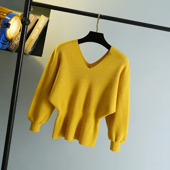 

Spring Korean Style Loose Long Sleeve Yellow Pullovers Women Sweaters Female V Neck Knitted Lantern Sleeve Ladies Tops Warm Hot