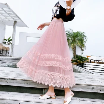 

2020 New Fashion Women Spring Skirts Women Long Skirt Lace Skirt Women Mesh Long Skirts #577
