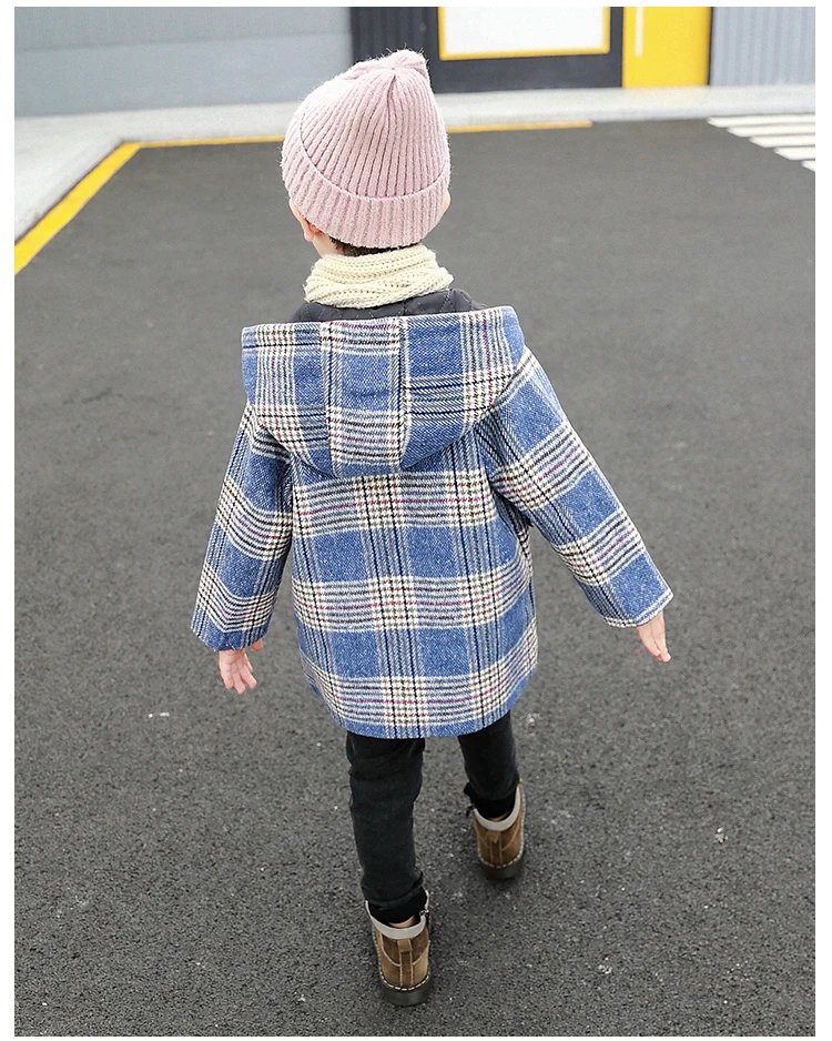Детская утолщенная шерстяная верхняя одежда, осень-зима, модный клетчатый плащ с капюшоном для мальчиков, детская повседневная куртка верхняя одежда, B358