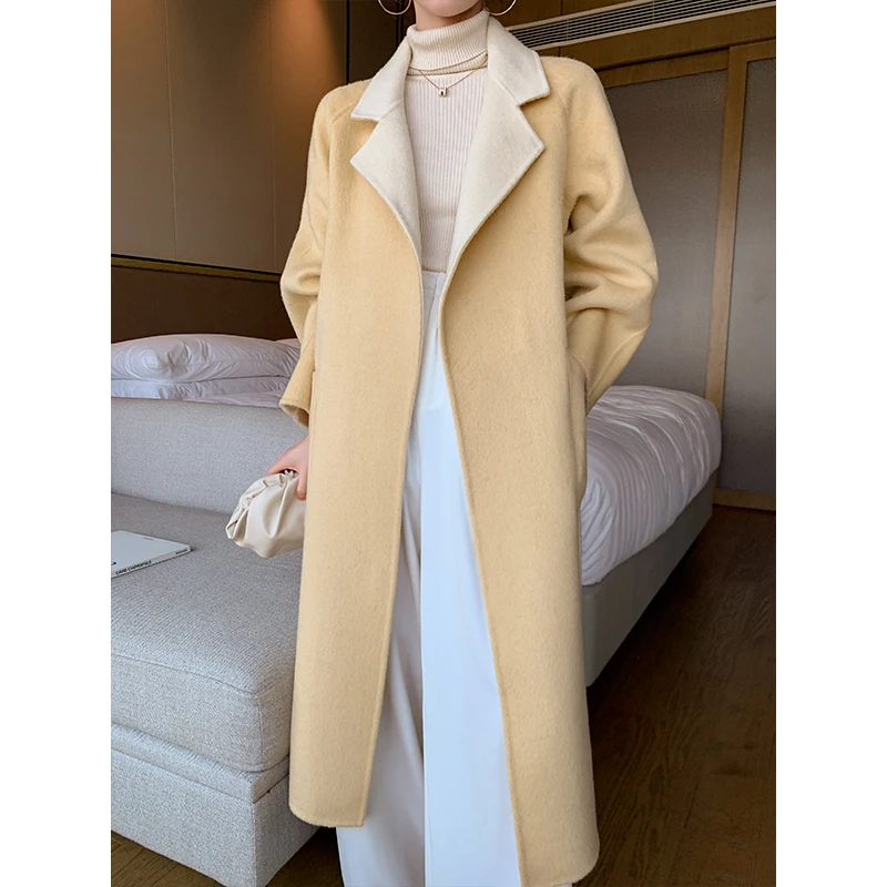 

Новое осеннее пальто из 100% шерсти, женские длинные элегантные Свободные корейские пальто, женская куртка, осенняя одежда с поясом, зимняя верхняя одежда WPY4262