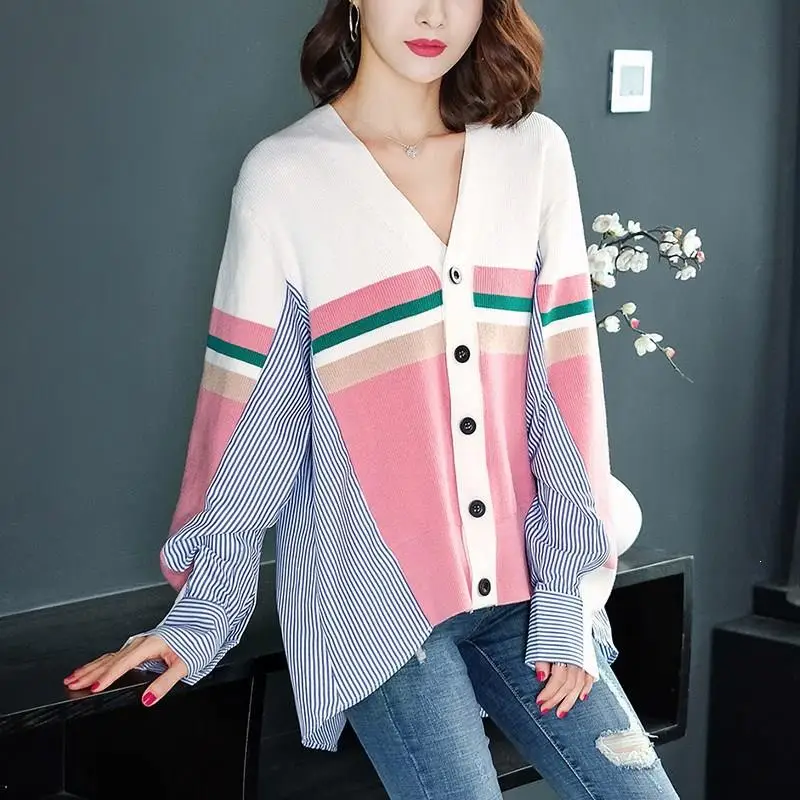 Best Price Loose V-Neck Pull Women Cardigan Autumn Shirt Patch Asymmetrical Sweater Coat Cardigans Female Knitted Tops Jumper