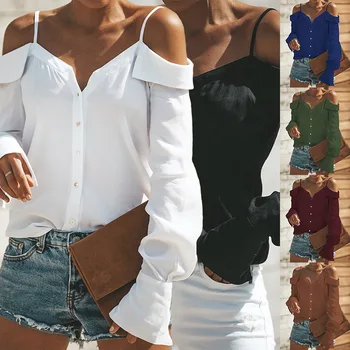 

Hot Sale Explosion 2 Color Fashion Sling Backless Buttons V-neck Long-Sleeve Blouse Shirt 0983
