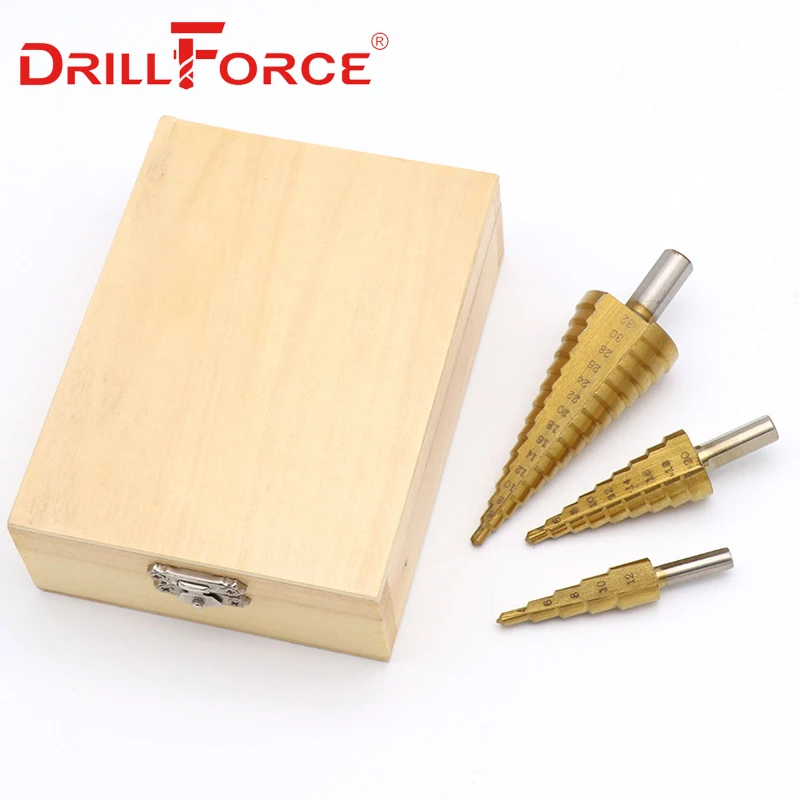 Drillforce 3 шт. большой шаг конус HSS Сталь Титан спираль рифленые Шаг сверло набор дыра резак инструмент для резки на возраст от 4 до 12 лет/20/32 мм+ деревянная коробка