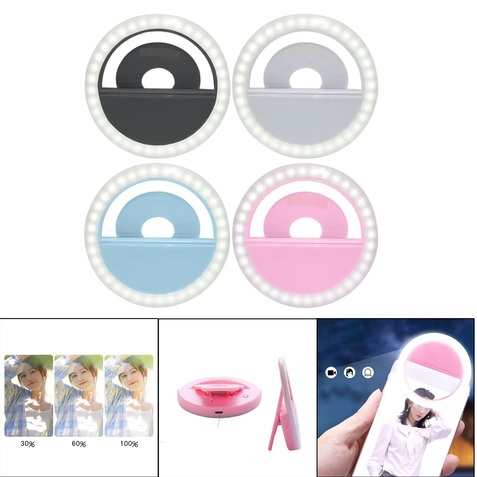 LED Selfie Loop Light Mini 250mAh Portable USB Charging 3 Modes Dimmable Fill Light for Video Live Streaming Camera Cell Phones