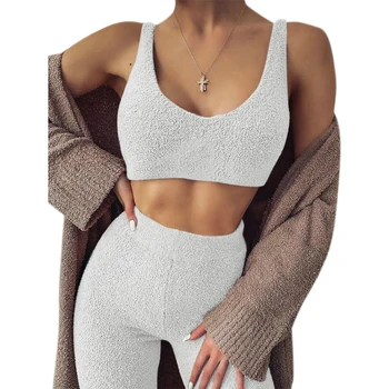 

2 pieces set Women Pajama Home Clothes Plush Crop Top Pencil Pants Women clothes Set Casual Autumn Pajama Female Pijamas Pajama