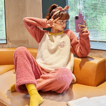 

Pajamas Female Winter Contrast Color Thicken Women Pyjamas Comfort Plus Velvet Warm Cute Print Top Pants Two Piece Home Suit