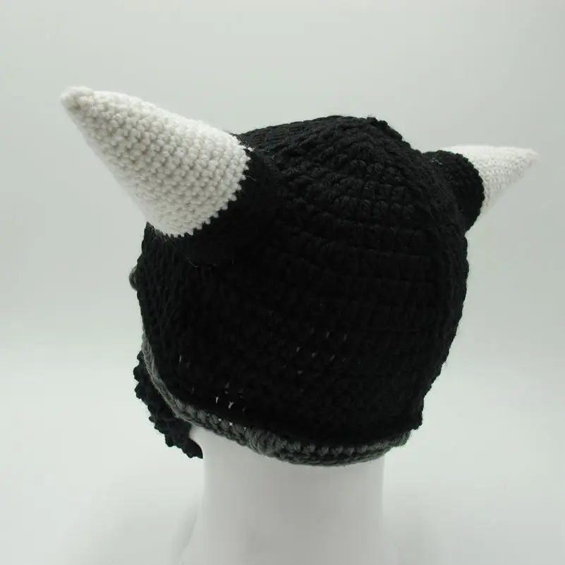 Men's Vikings Helmet Hat Horn Beard Handmade Knit Winter Cap Warm Beanie Halloween Gift Vicking Party