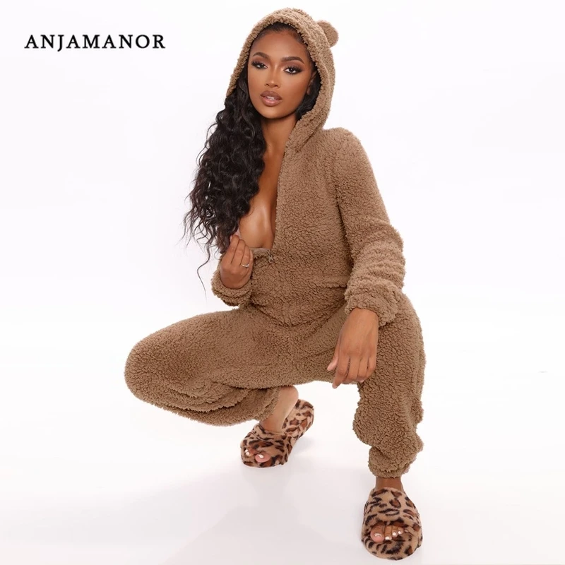 Anjamanor Cozy Plush Hooded Jumpsuit With Ears Winter One Piece Outfit Long Sleeve Warm Pajama Rompers Lounge Wear D41 Eh62 Jumpsuits Aliexpress