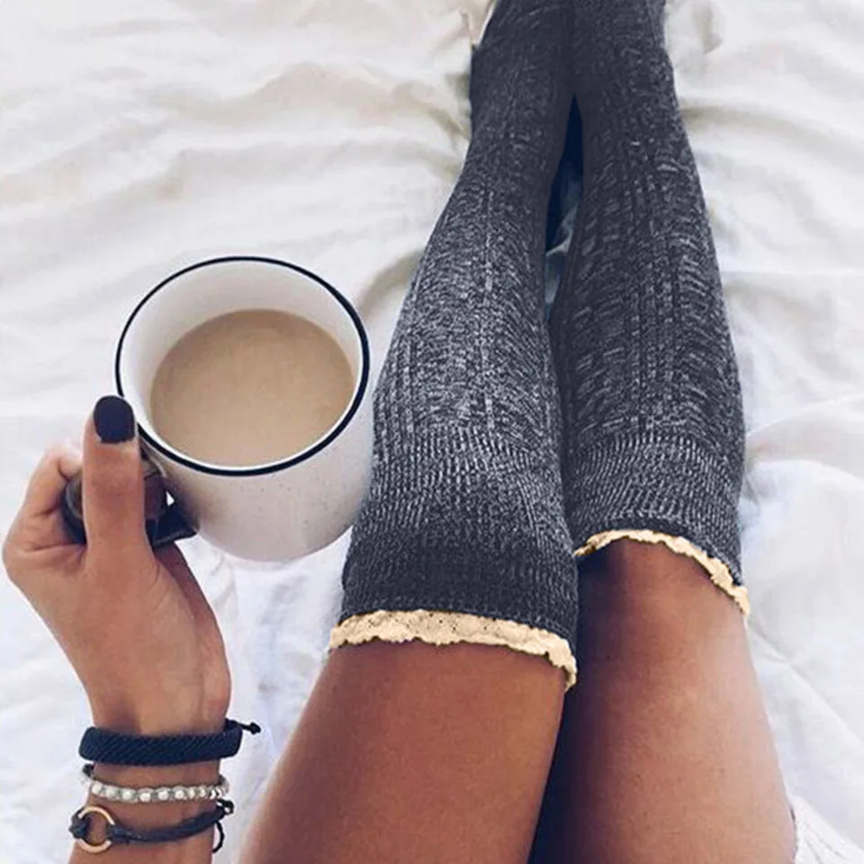 Ladies Knee High Lace Socks Women Over Knee Socks Thigh High Thick Lovely Girl Knitting Long Stockings Fashion - Цвет: 2