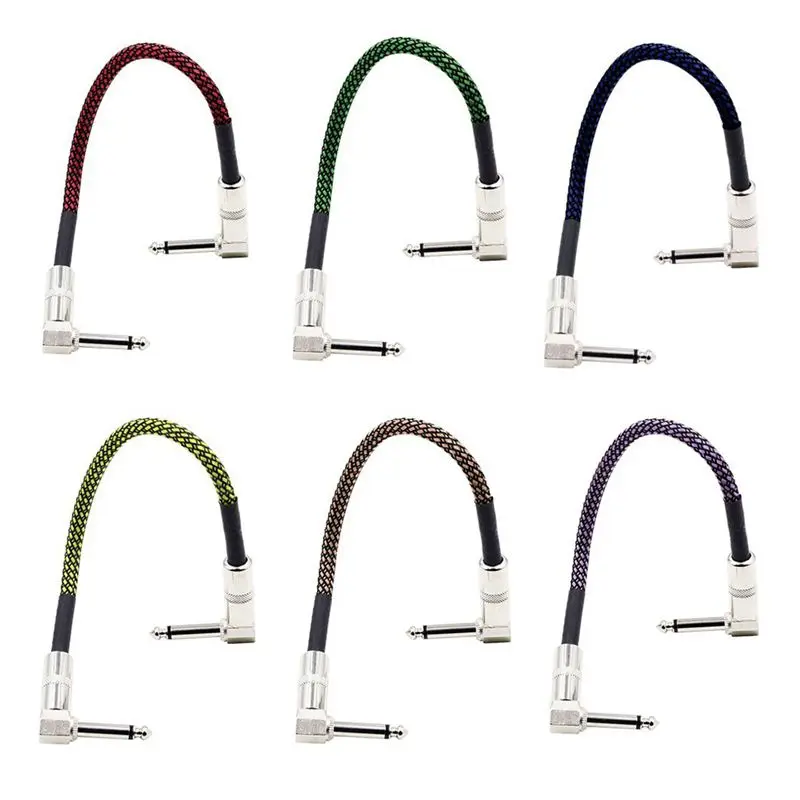Guitar Patch Cable with 1/4 inch Right Angle Plugs 6 Colors,Tweed Woven Jacket,1 Feet/0.3Meter,6 Pack