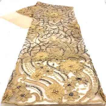 

Latest Golden African embroidered tulle fabric 2020 high quality French milk silk lace fabric with sequins for dress 5yards