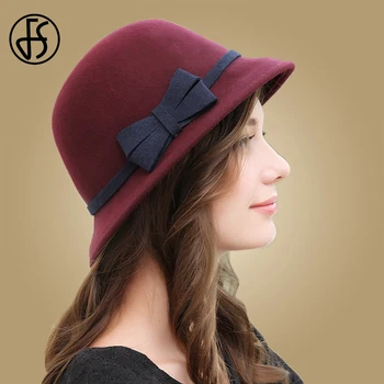 

FS Elegant Women Floppy Cloche Hat Autumn Winter Vintage Solid Fedora Hat Bowknot Retro Wide Brim Casual Cap Chapeu Feminino