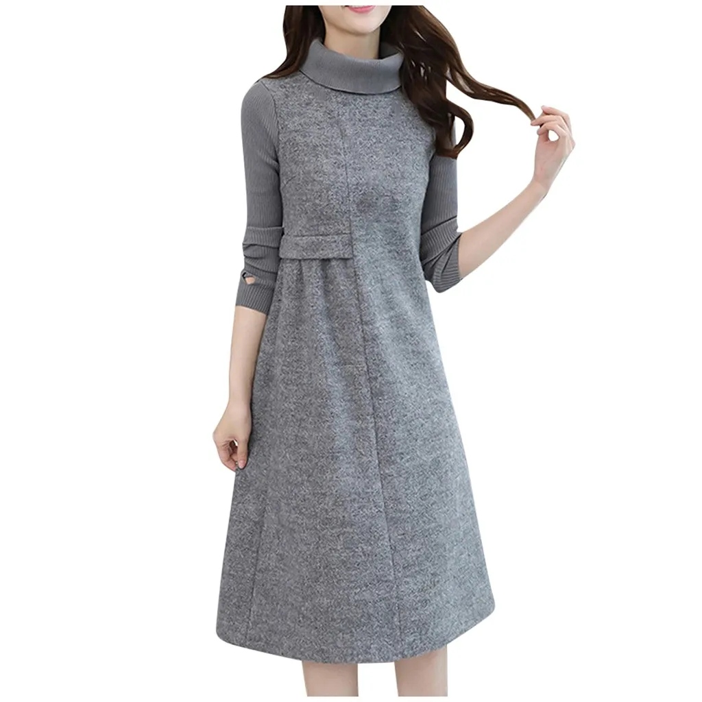 Серый Sukienki vestidos, платье размера плюс, женское, элегантное, до колена, с карманами, с длинным рукавом, шерстяное платье, ropa mujer robe femme - Цвет: Серый