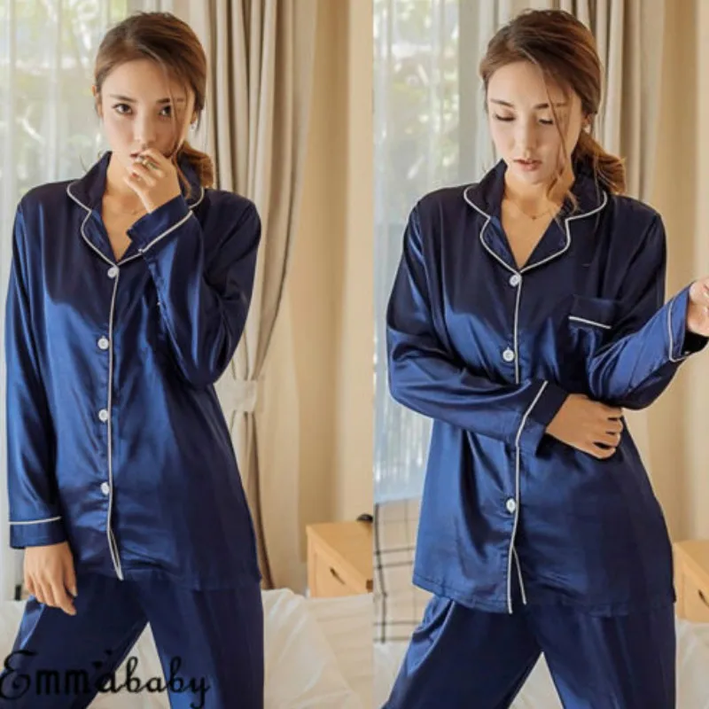 Женское однотонное ночное белье, шелк, сатин, пижамный комплект, Повседневная Пижама с длинным рукавом, Пижамный костюм из 2 частей для женщин