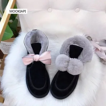 

2019 Chinese brand women's shoes, real leather, 100% natural wool, high quality lace up women's bread snow boots, 5 colors