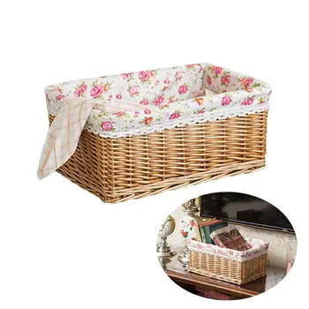 

Rattan Woven Storage Basket Desktop Snacks Food Organizer Books Container with Floral Pattern Linen Cloth