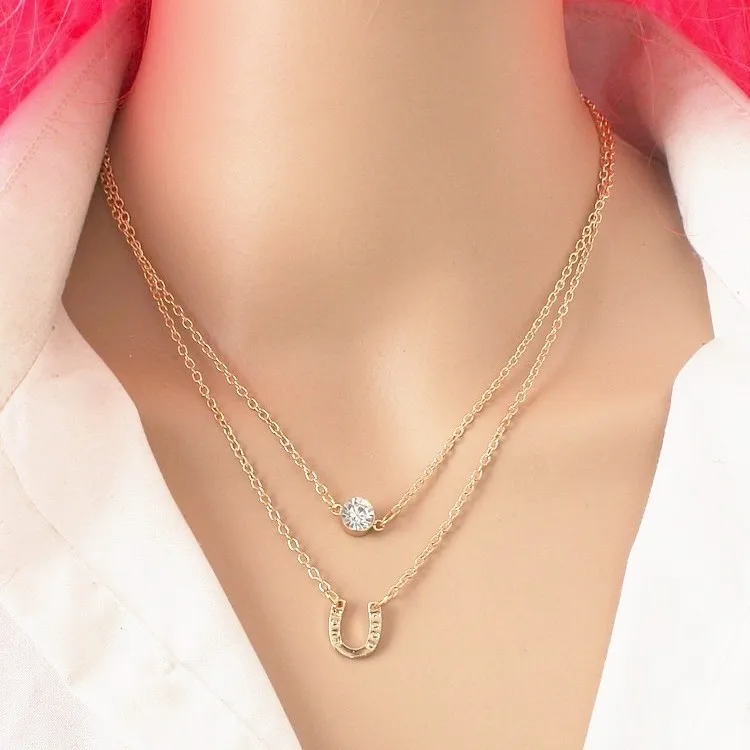 

Europe Simple Letter U Flash Drill Double-Layer Necklace Crystal Horseshoe Multilayer Short Clavicle