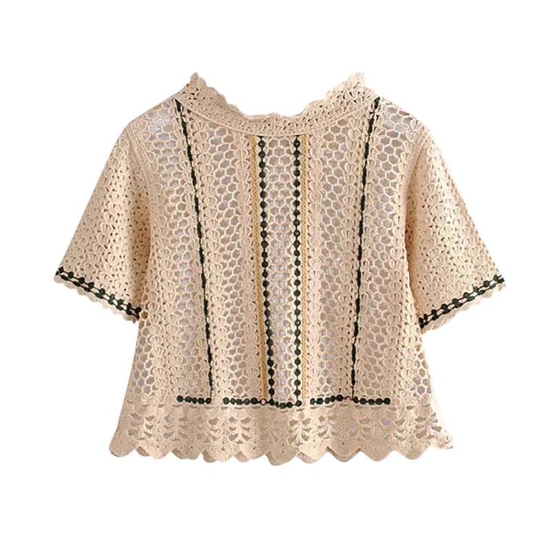 Фото Модная вязанная блузка с вырезами Женская Повседневная рубашка коротким рукавом