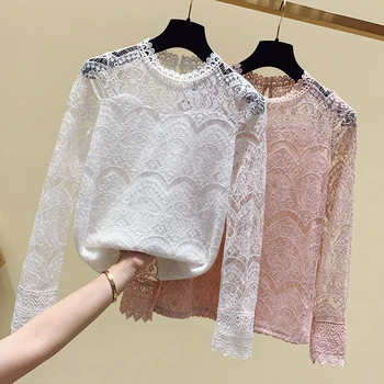 

Pink White Lace Shirt Women's 2020 Spring New Mesh Lace Shirt Girls Ladies All-match Basic Tops Lace Blusas Blusa Feminina