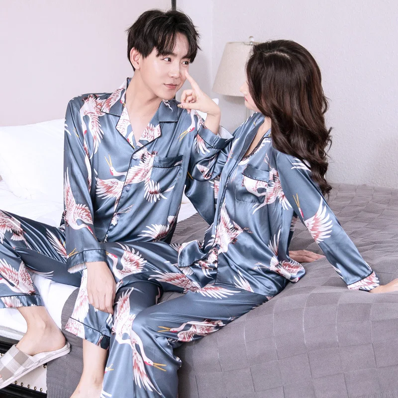 

Couple's Pajamas Women's Summer Silk Long-Sleeved Thin Printed Crane Leisure Tops Spring and Autumn Cardigan Set Pajama Set