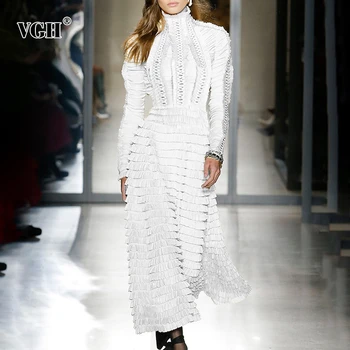 

VGH Elegant Hollow Out Ruched Dress Women Stand Collar Puff Long Sleeve High Waist Drawstring Dresses Female 2020 Spring Fashion