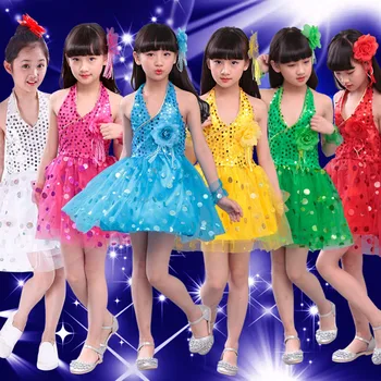 

Teenager Girls Dress School Party Wedding Performance Stage Wear Sleeveless Princess Sequin Bling Latin Dance Costumes Dress
