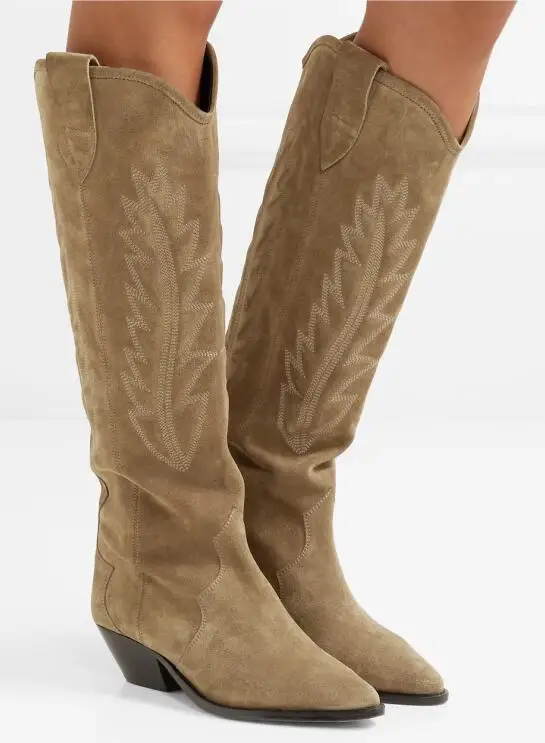 

Autumn/Winter Retro Embroidery Suede Women Knee-high Boots Pointed Toe Slip-on Chunky Heel Fashion High Boots Women