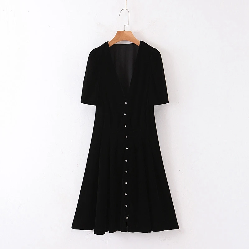 Tangada, женское черное бархатное платье, алмазные пуговицы, v-образный вырез, короткий рукав, винтажное женское мини-платье, vestidos QB111 - Цвет: Черный