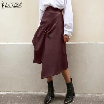 

Plus Size Women Faux Leather Skirts Elegant Asymmetrical Vestidos ZANZEA Casual High Waist Midi Sundress Female Zip Robe Skirt 7
