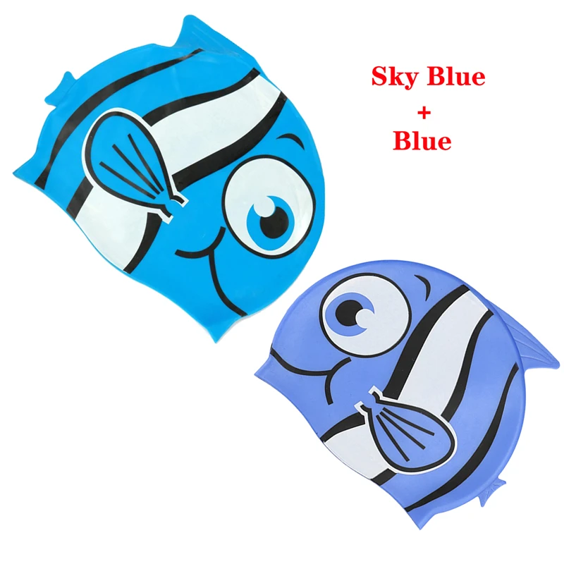 Шапочка для плавания для мальчиков и девочек, эластичная ткань для бассейна, милая детская Водонепроницаемая шапка для бассейна с рыбками из мультфильма, из искусственной кожи, 20 шт - Цвет: Sky blue - blue
