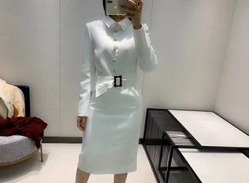 

2019 New Arrival Long Sleeve Lapel Belted Commuter Women Suit Dress 2 Color White & Black Free Shipping Worldwide