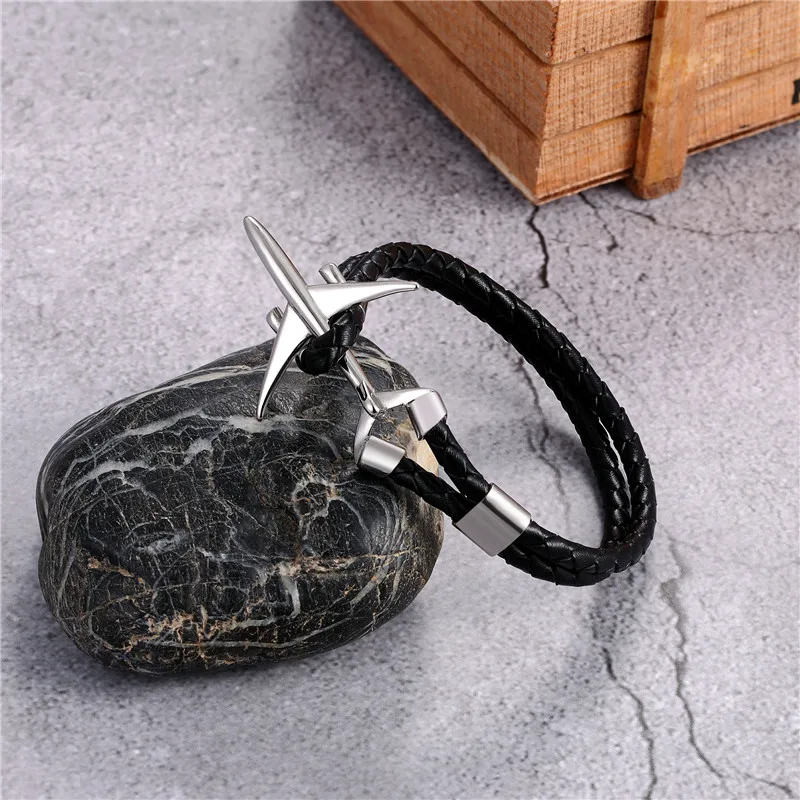 MKENDN Hot Sale Stainless Steel Airplane Anchor Bracelets Men Women Genuine Multilayer Leather Bracelet Freestyle Homme Jewelry