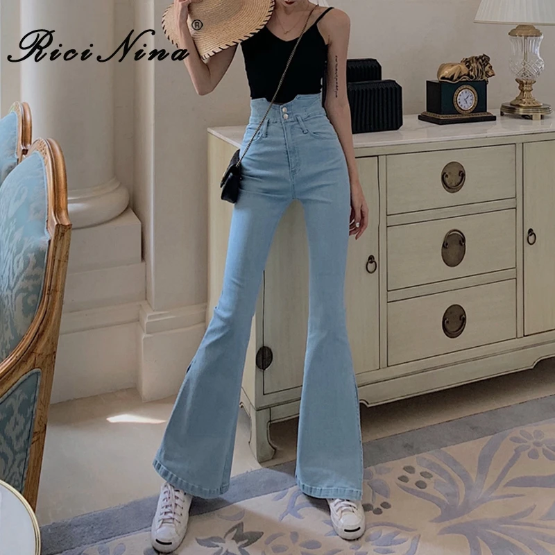 blue Jeans Women RICININA/расклешенные брюки, женские джинсы, деним, на молнии, с пуговицами, с разрезом, обтягивающие женские брюки, джинсы с высокой талией, повседневные джинсы, Femme, уличная одежда - Цвет: blue Jeans Women